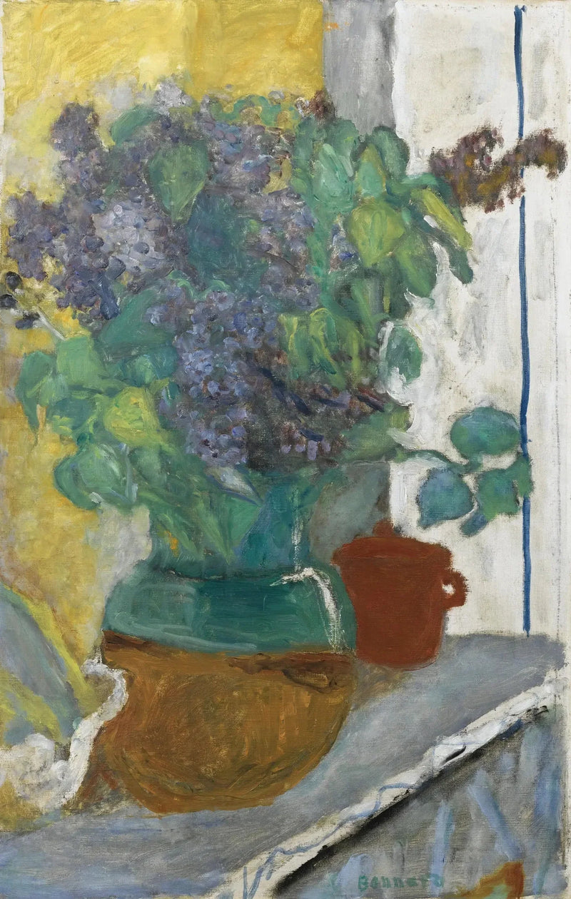 Sarı ve yeşil toprak bir vazoda mor leylak - Pierre Bonnard