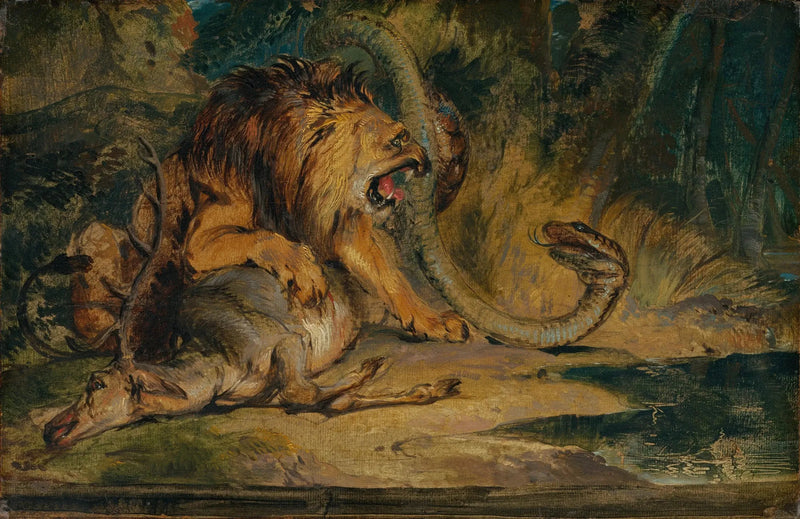 Aslan avını savunurken - Edwin Henry Landseer