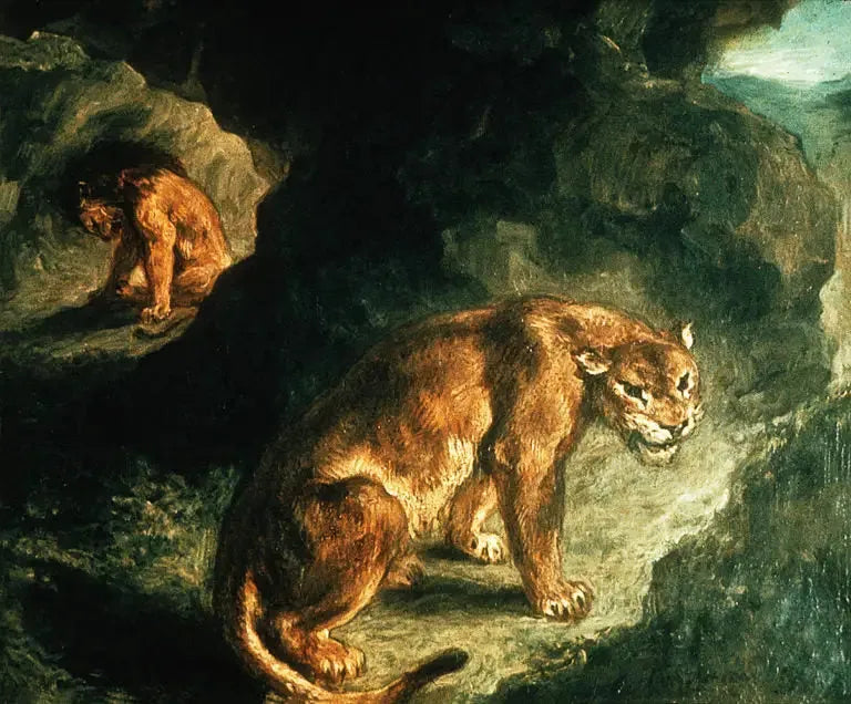 Aslan ve dişi aslanın yuvasında - Eugène Delacroix