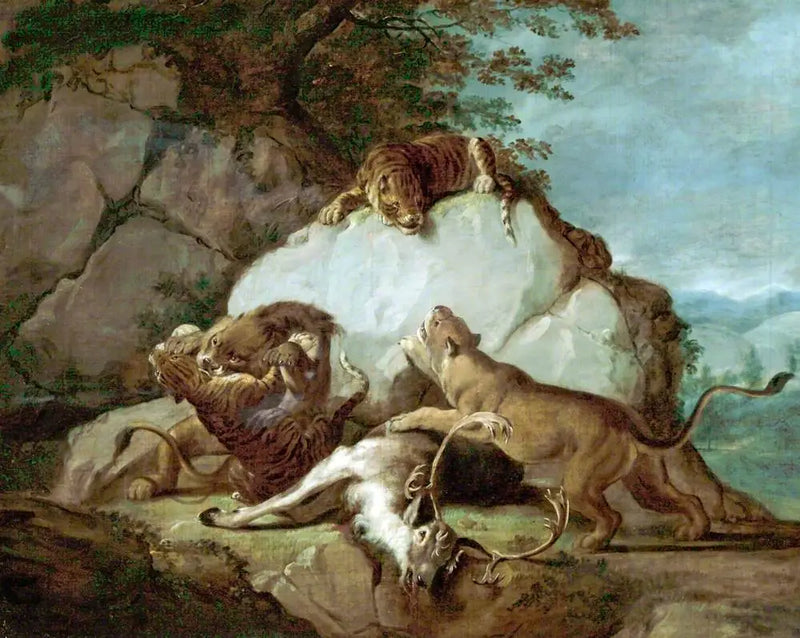 Aslanlar ve kaplanlar bir geyik için dövüşüyor - George Stubbs