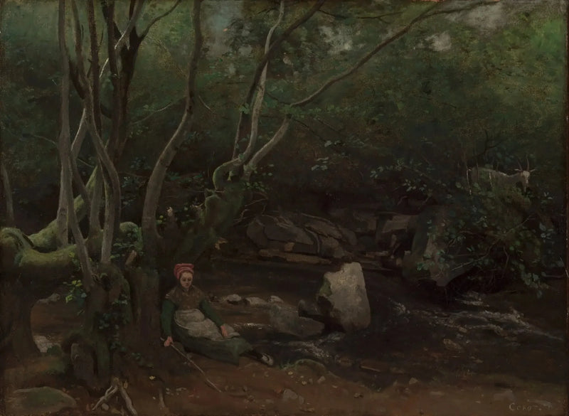 Lormes, Ağaçların altında bir dere kenarında oturan bir keçi çobanı - Jean-Baptiste Camille Corot