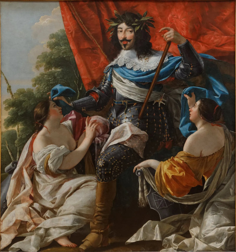 Louis XIII Fransa ve Navarre'yi simgeleyen iki kadın figürü arasında - Simon Vouet