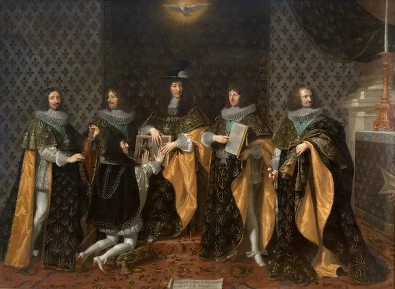 Louis XIV'ün taç giydikten sonraki günü, Reims'te 8 Haziran 1654'te kardeşi Monsieur, Anjou Dükü, tarafından Kutsal Ruh Nişanı şövalyesi olarak yemin edilir - Philippe de Champaigne
