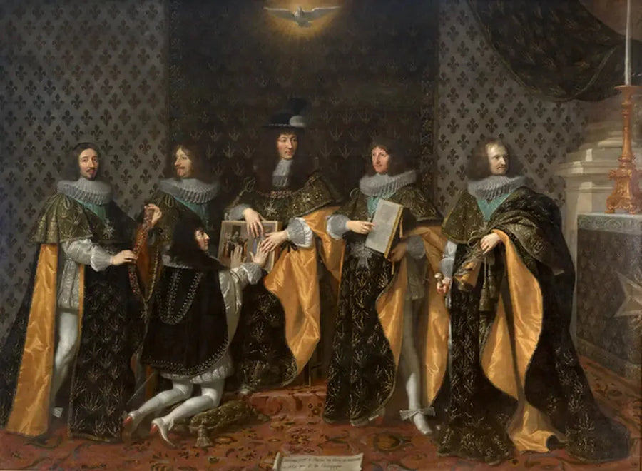 Louis XIV'ün taç giydikten sonraki günü, Reims'te 8 Haziran 1654'te kardeşi Monsieur, Anjou Dükü, tarafından Kutsal Ruh Nişanı şövalyesi olarak yemin edilir - Philippe de Champaigne