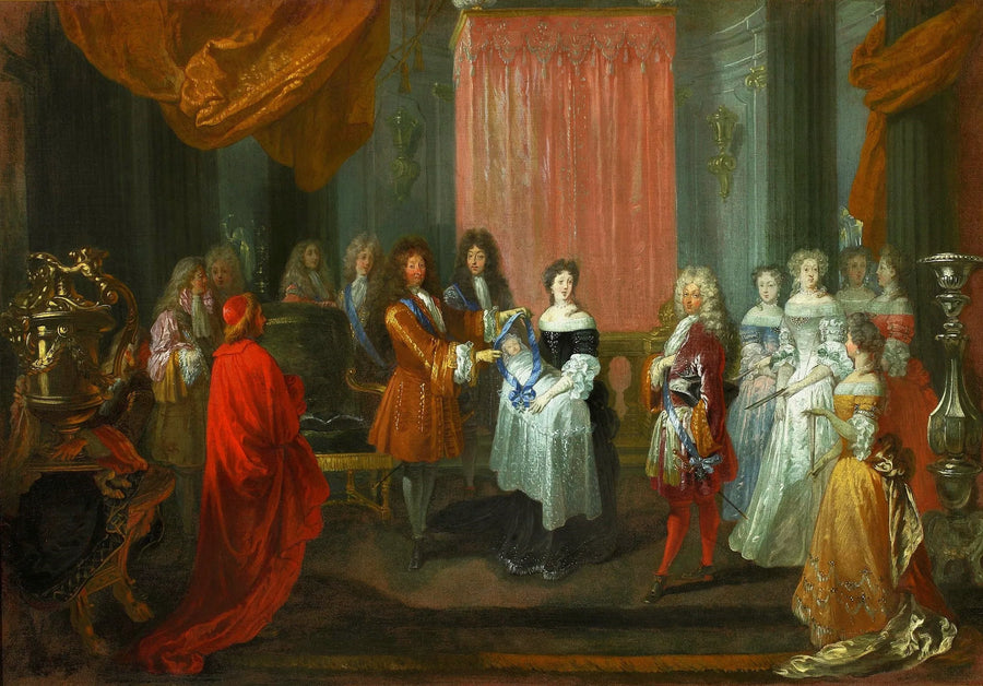 Louis XIV, Monsieur le duc de Bourgogne'ye mavi kurdeleyi takıyor. - Antoine Watteau