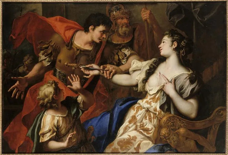 Lucrèce, babası Lucretius ve kocası Tarquinius Collatinus'un gözleri önünde intihar ediyor - Sebastiano Ricci