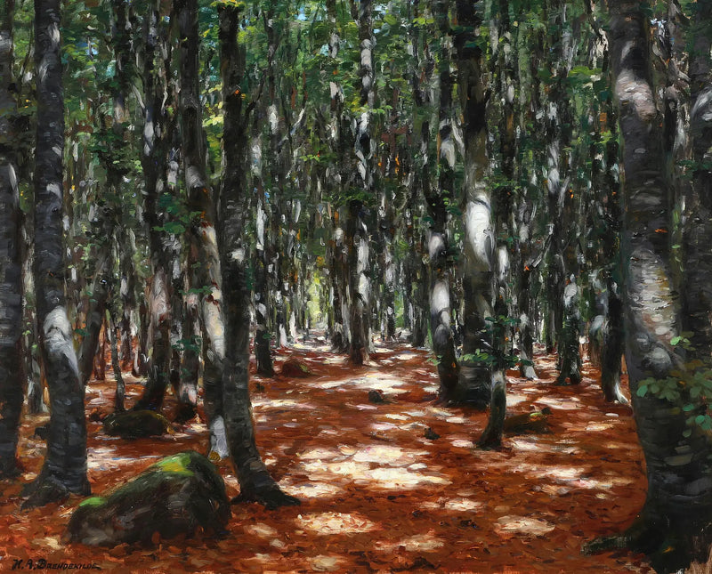 Güneş ışığı kayın ağaçlarından geçiyor. - H. A. Brendekilde