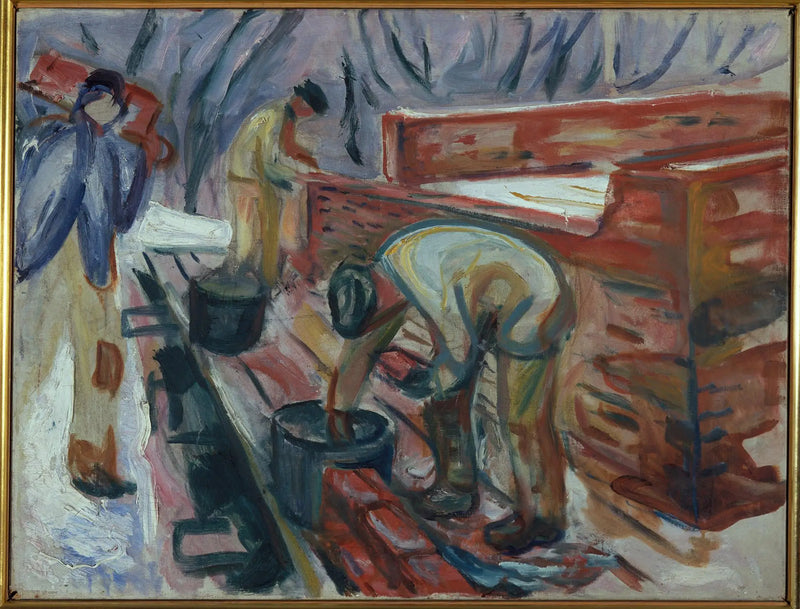 Stüdyonun binasında çalışan taş ustaları - Edvard Munch