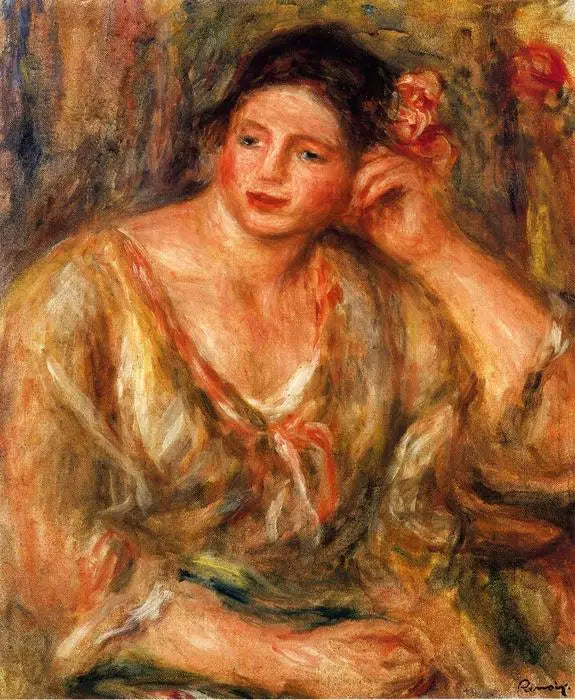 Dirse yaslanmış Madeleine, saçında çiçeklerle - Pierre-Auguste Renoir
