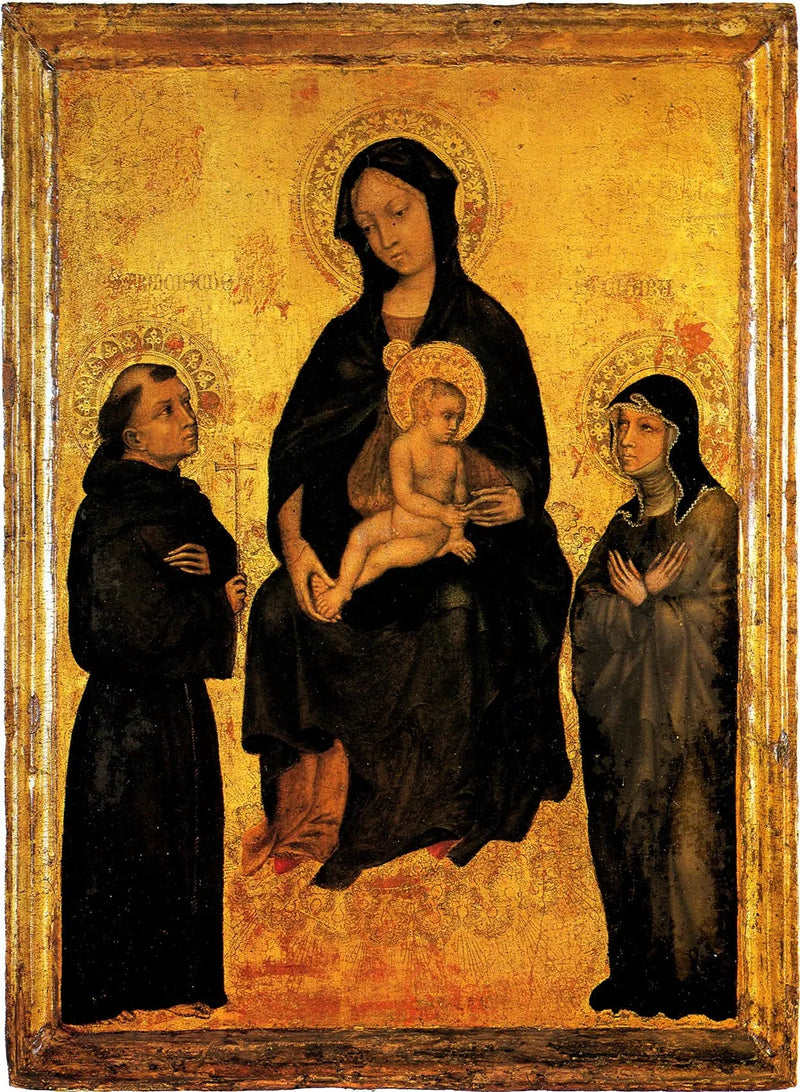 Madonna ve Çocuk İsa, Aziz Francesco ve Chiara arasında yücelmiş - Gentile da Fabriano