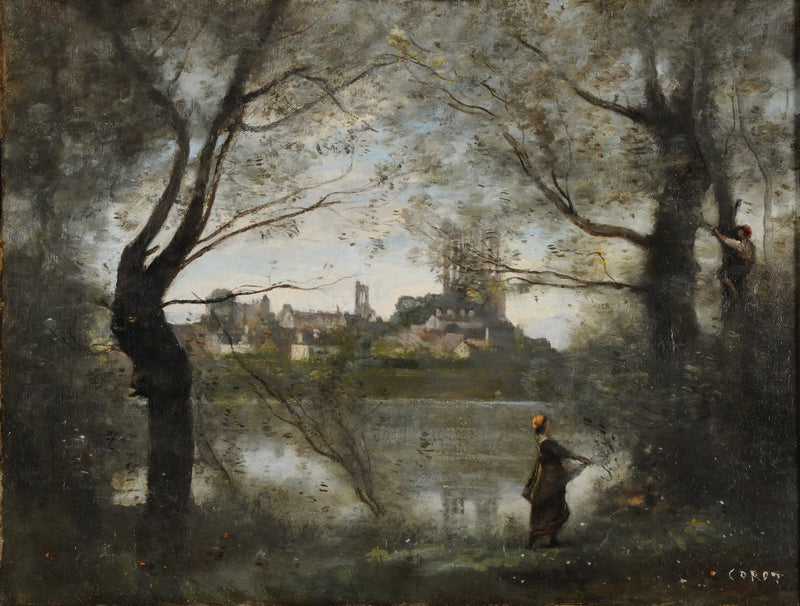 Mantes, Katedral ve Şehir ağaçlar arasından görülen, akşam - Jean-Baptiste Camille Corot