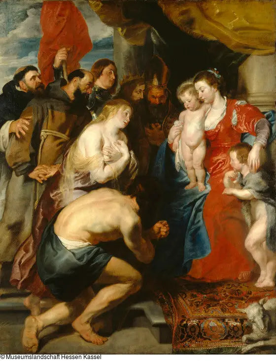 Meryem ve İsa, tövbekâr günahkarlar ve azizler tarafından saygı gösterilen Aziz Yuhanna ile (yaklaşık 1619) - Peter Paul Rubens
