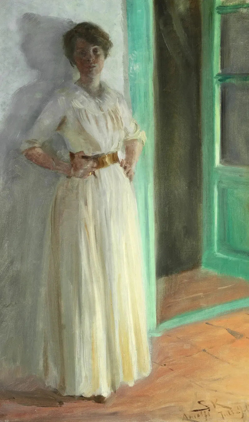 Marie Krøyer. Tam boy portre. Terasta lambader ışığında akşam. - Peder Severin Krøyer