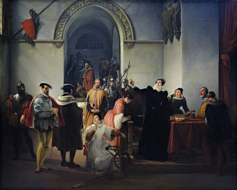Marie Stuart masumiyetini Protestan olarak mahkeme kararı okunduğunda savunuyor - Francesco Hayez