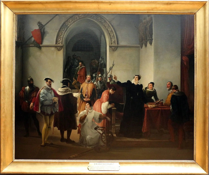 Marie Stuart masumiyetini Protestan olarak mahkeme kararı okunduğunda savunuyor - Francesco Hayez