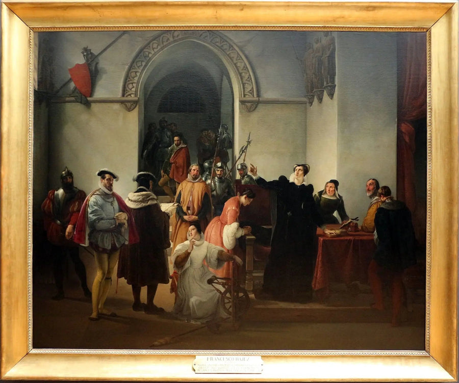 Marie Stuart masumiyetini Protestan olarak mahkeme kararı okunduğunda savunuyor - Francesco Hayez