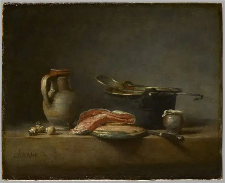 Bakır tencere, süzgeç, sürahi ve somon dilimi - Jean Simeón Chardin