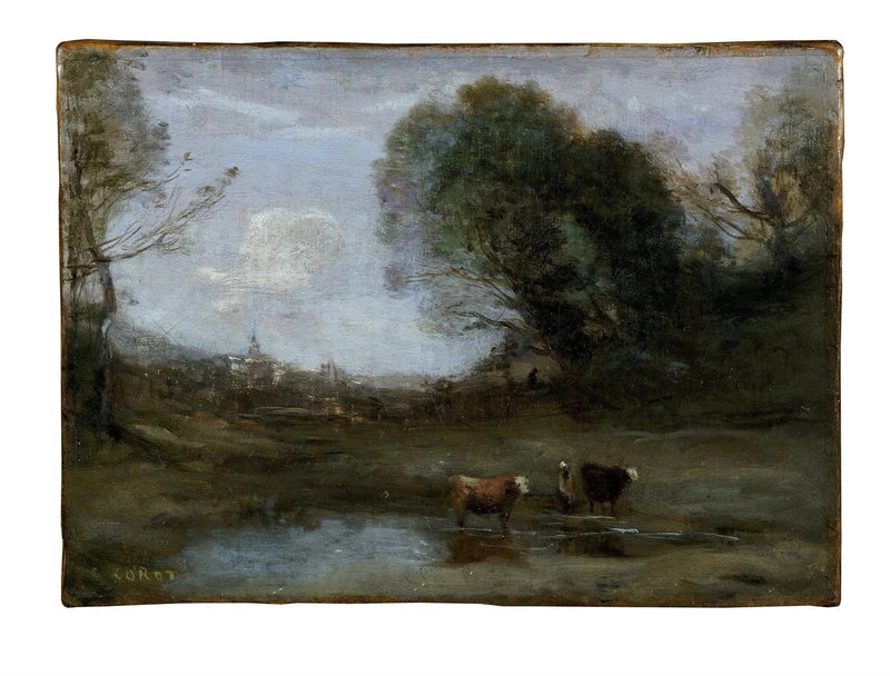 Matin : İki inek ve bir siluet ile manzara - Jean-Baptiste Camille Corot