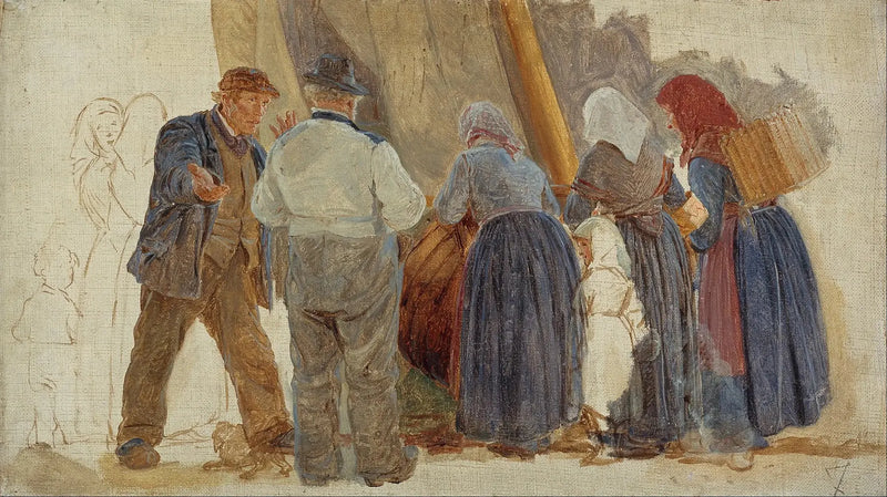 Hornbæk'te Sabah. Erkekler ve kadınlar pazarlık yapıyor - Peder Severin Krøyer