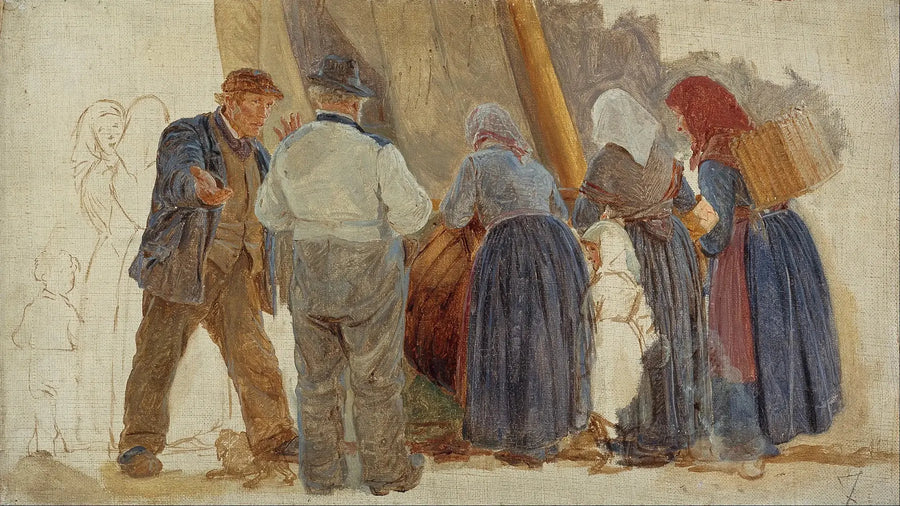 Hornbæk'te Sabah. Erkekler ve kadınlar pazarlık yapıyor - Peder Severin Krøyer