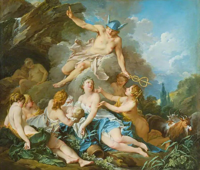 Güvenen Merkür, Çocuk Bacchus'u Nymph'lara Emanet Ediyor - François Boucher