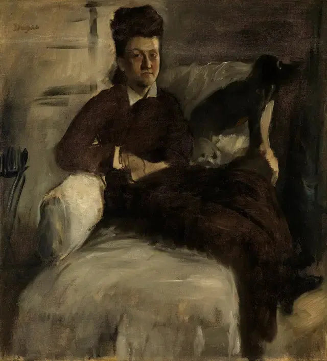 Mme Jeantaud uzun koltukta iki köpekle - Edgar Degas
