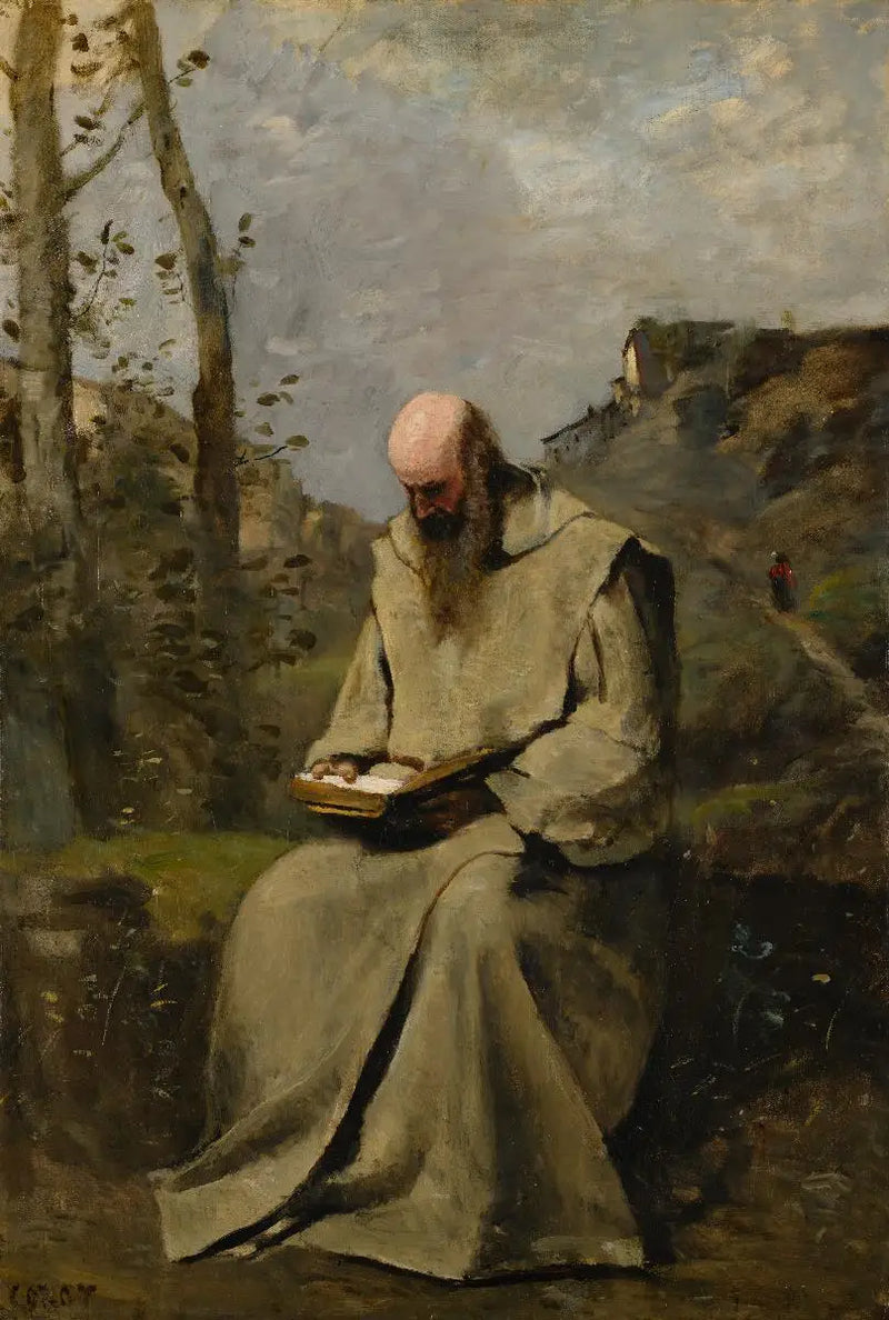 Oturan monje, okuyor - Jean-Baptiste Camille Corot