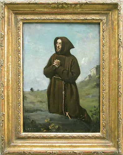 Mor rahip dua ederken, diz çökerek - Jean-Baptiste Camille Corot