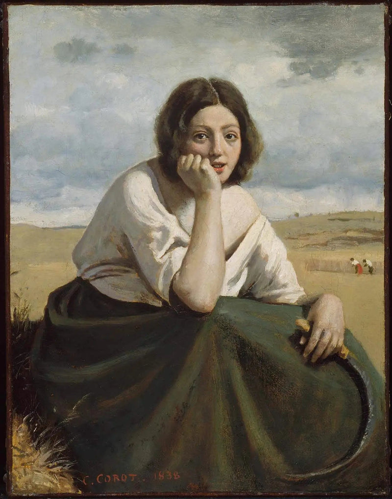 Saman biçen, makasını tutan, başını eline dayamış - Jean-Baptiste Camille Corot