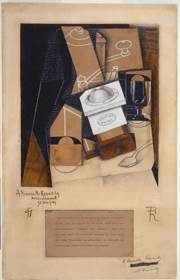 Kahve değirmeni, fincan ve bardak masada - Juan Gris