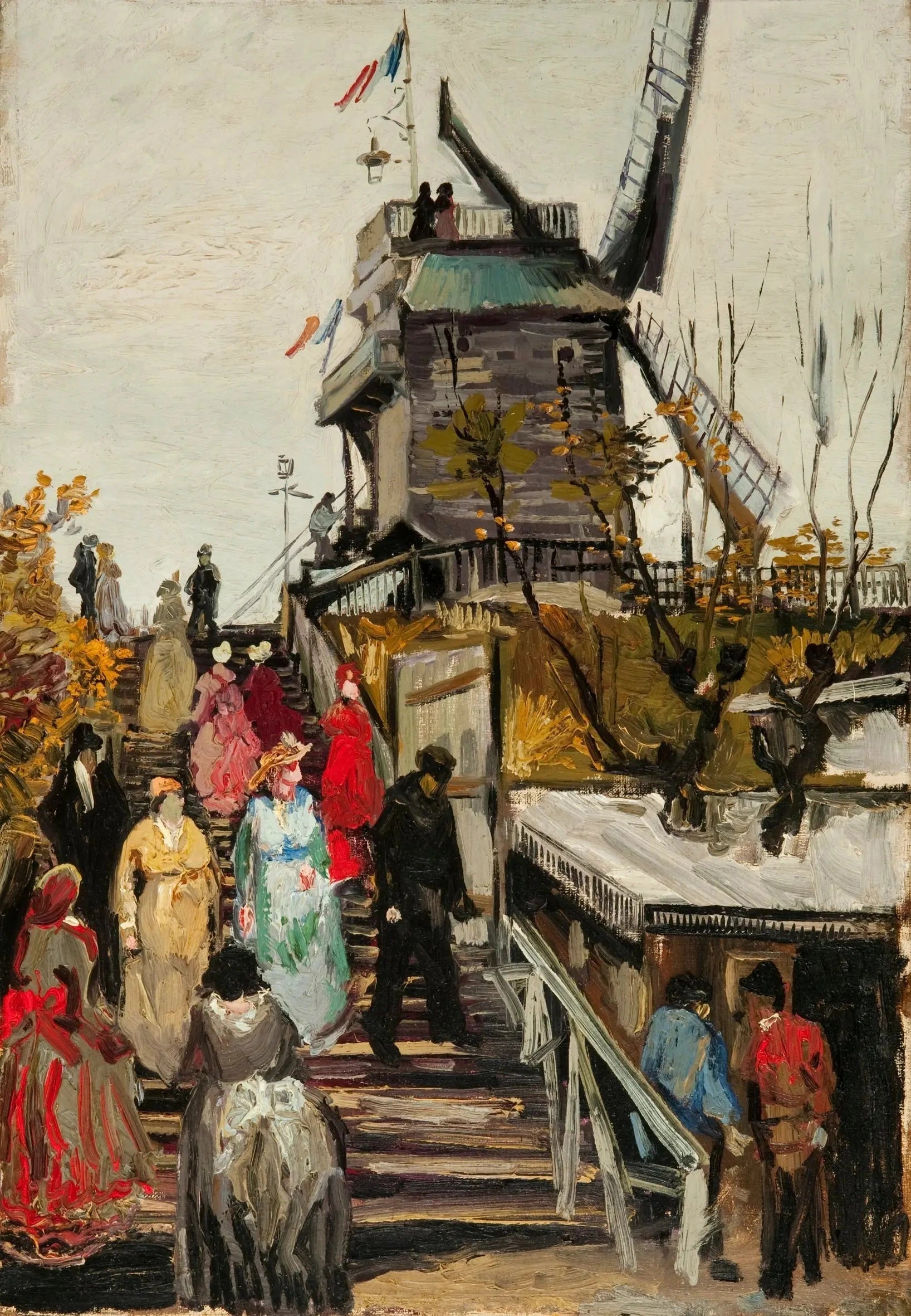 Le Moulin de Blute-Fin à Montmartre — foule sur les escaliers et moulin peint par Vincent van Gogh en 1886