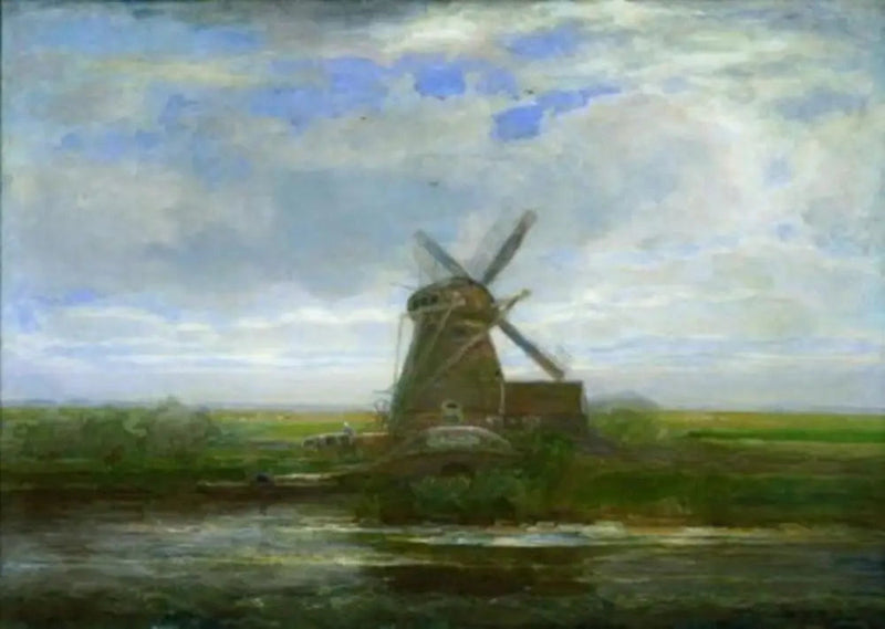 Panoramik gün batımı ile Oostzijdse Değirmeni, merkezde değirmen - Piet Mondrian