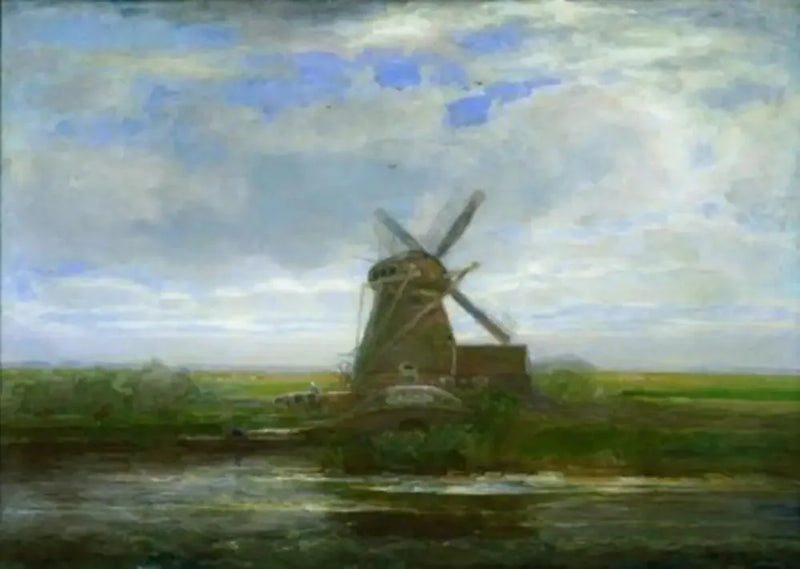 Panoramik gün batımı ile Oostzijdse Değirmeni, merkezde değirmen - Piet Mondrian