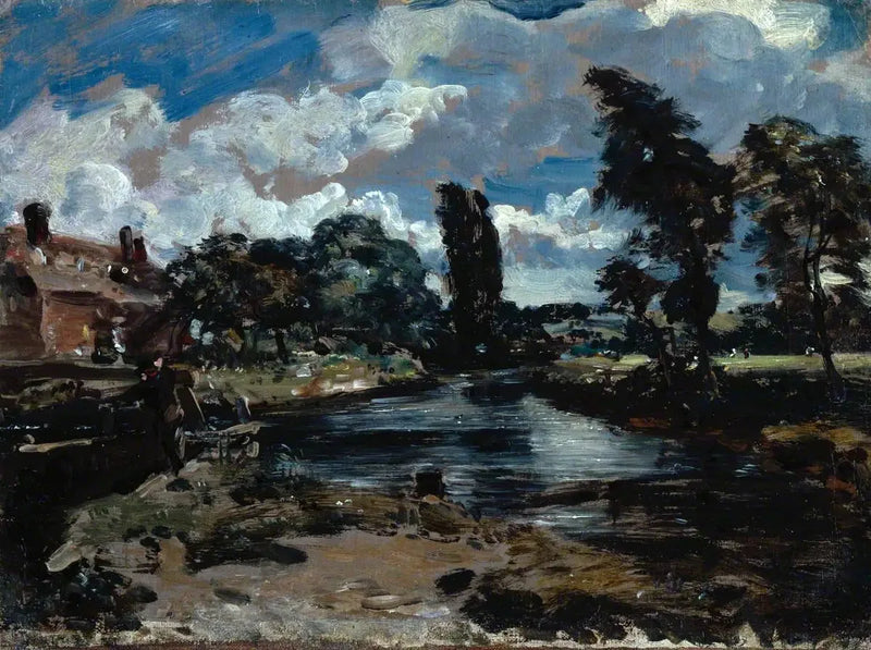 Flatford Yelkenliği ve Stour üzerindeki bir su tahliyesinden manzara - John Constable