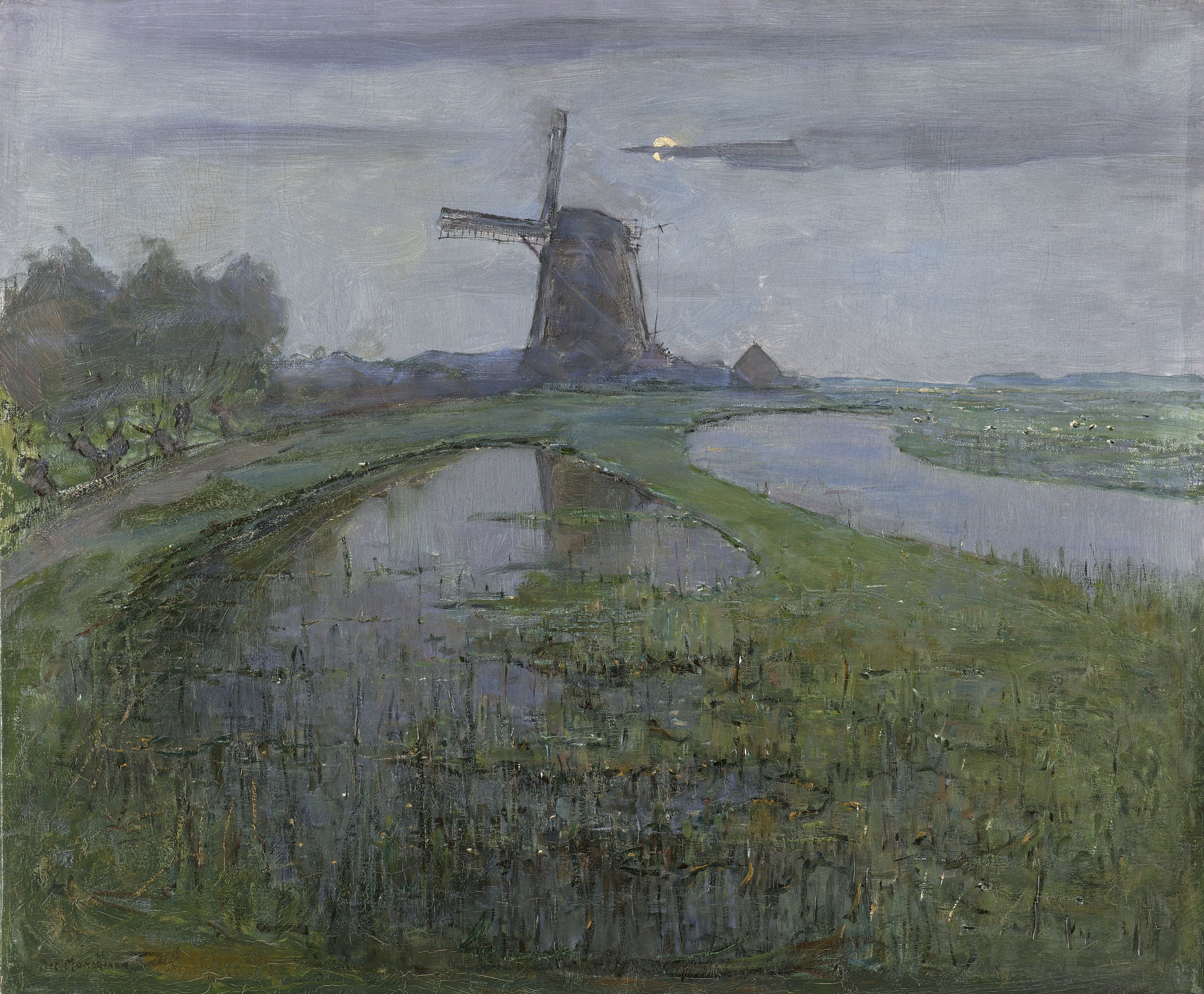 Reproduction du tableau « Moulin d'Oostzijdse le long de la rivière Gein au clair de lune - Piet Mondrian » par Alpha Reproduction en peinture à l’huile