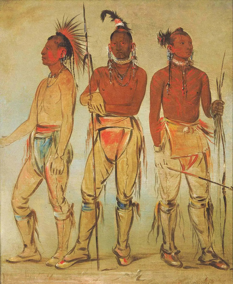 Mun-ne-pús-kee, Korkmayan kişi; Ko-ha-túnk-a, Büyük Karga; ve Nah-cóm-ee-shee, Yatak Adamı, Üç Genç Savaşçı - George Catlin