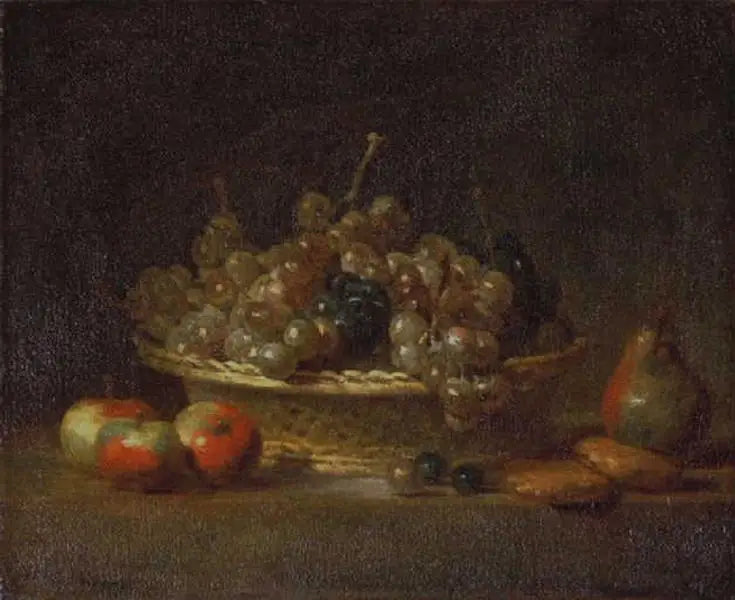 Kurubaklagilıklı natürmort, kuru üzüm sepetiyle, üç elma, bir armut ve iki massepain - Jean Siméon Chardin