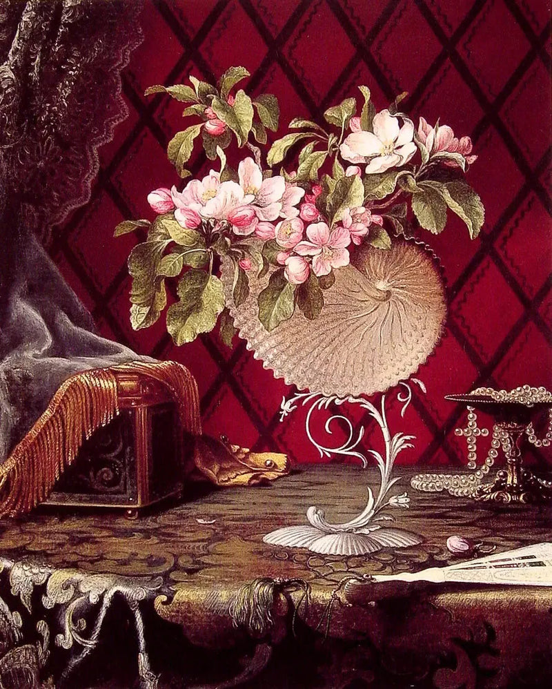 Elmalı çiçeklerle doğa manzarası, nautile kabuğunda - Martin Johnson Heade
