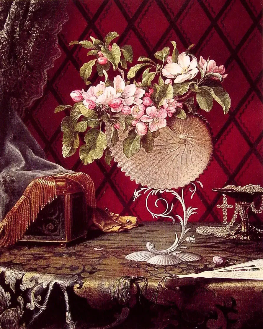 Elmalı çiçeklerle doğa manzarası, nautile kabuğunda - Martin Johnson Heade