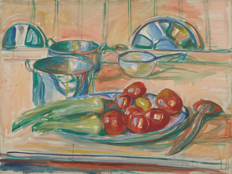 Domatesler, pırasalar ve tencerelerle doğa ölüsü - Edvard Munch