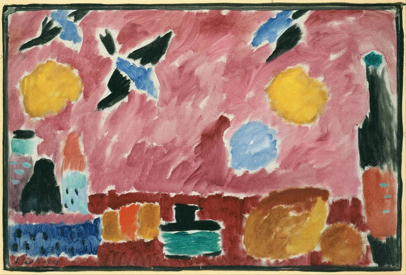 Doğa Manzarası, Şişe, Ekmek ve Kırmızı Duvar Kağıdıyla Kırlangıçlar - Alexej von Jawlensky