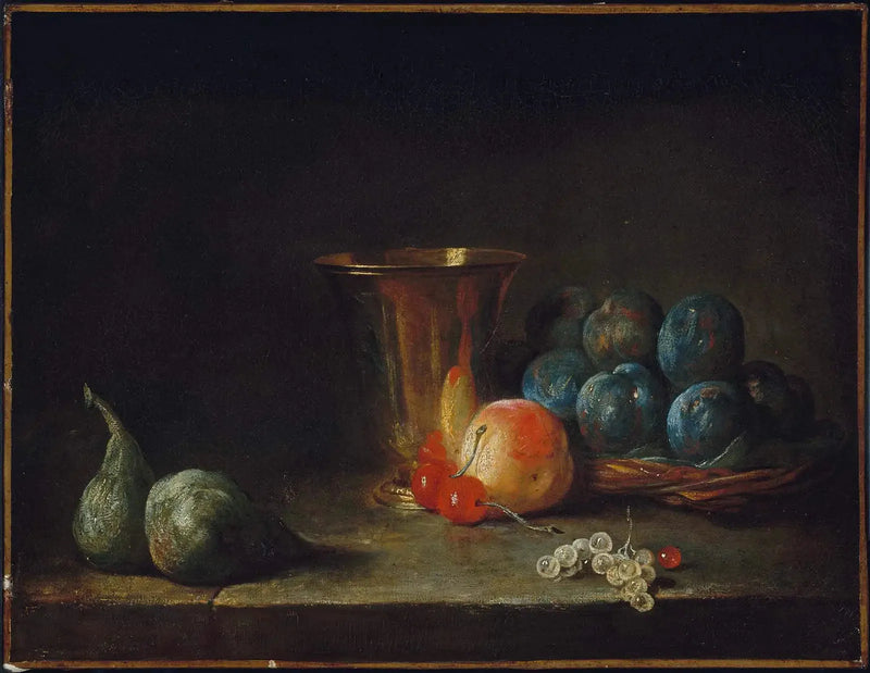 Tablo: Gümüşlü Sürahi, Kadeh ve Meyveler ile Natürmort - Jean Simeón Chardin