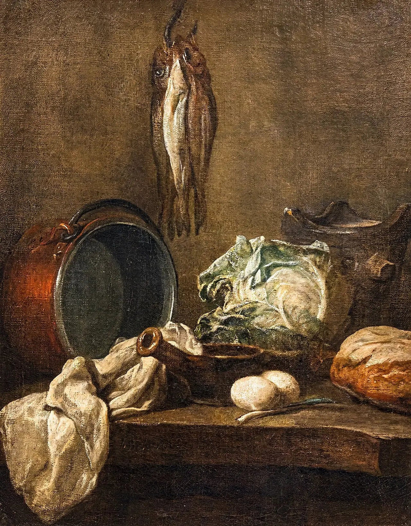 Doğal Hayat Tablosu, Kazan, Tencere, Fırın, Bez, Lahana, İki Yumurta, Pırasa, Ekmek ve Üç Hamsi - Jean Siméon Chardin