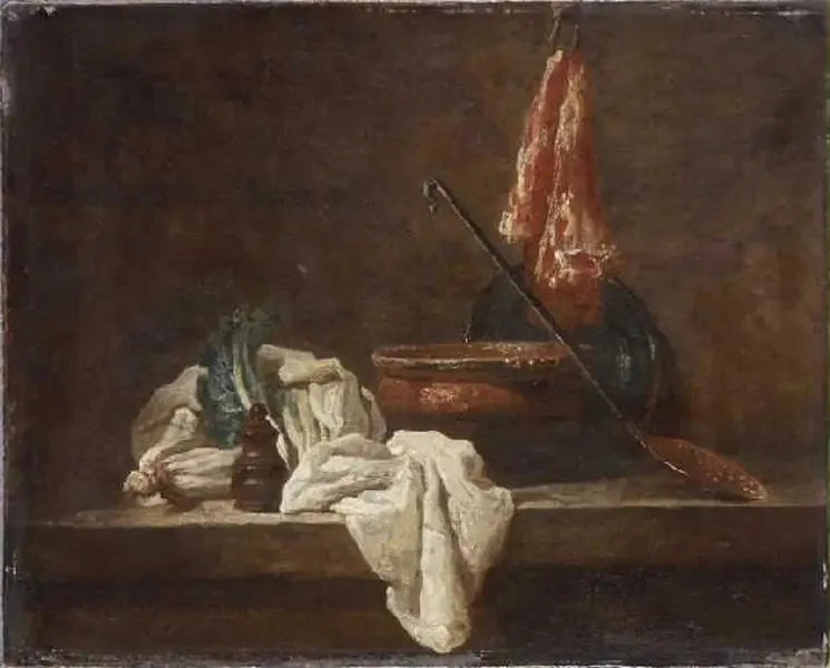 İki kereviz sapı, baharat kutusu, bez, terrin, tabak, kevgir ve et parçası ile natürmort - Jean Simeón Chardin