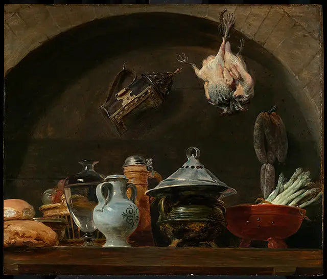 Çeşitli seramikler, ekmek, bir lamba ve tüylenmiş kümes hayvanlarıyla doğa manzarası - Peter Paul Rubens