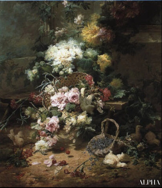 Nature morte avec fleurs et poussins enjoués - Eugène Bidau - Reproductions de tableaux et peintures haut de gamme