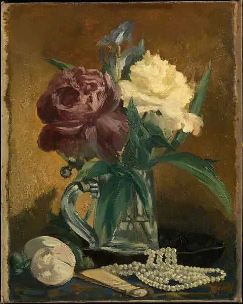 Çiçekler, yelpaze ve inciler ile doğa ölüsü - Édouard Manet