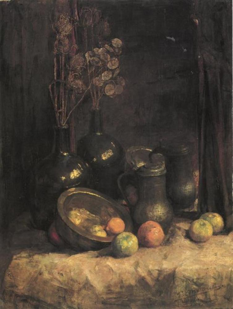 Reproduction du tableau « Nature morte avec miroir, récipients, honnêteté et fruits - Piet Mondrian » par Alpha Reproduction en peinture à l’huile