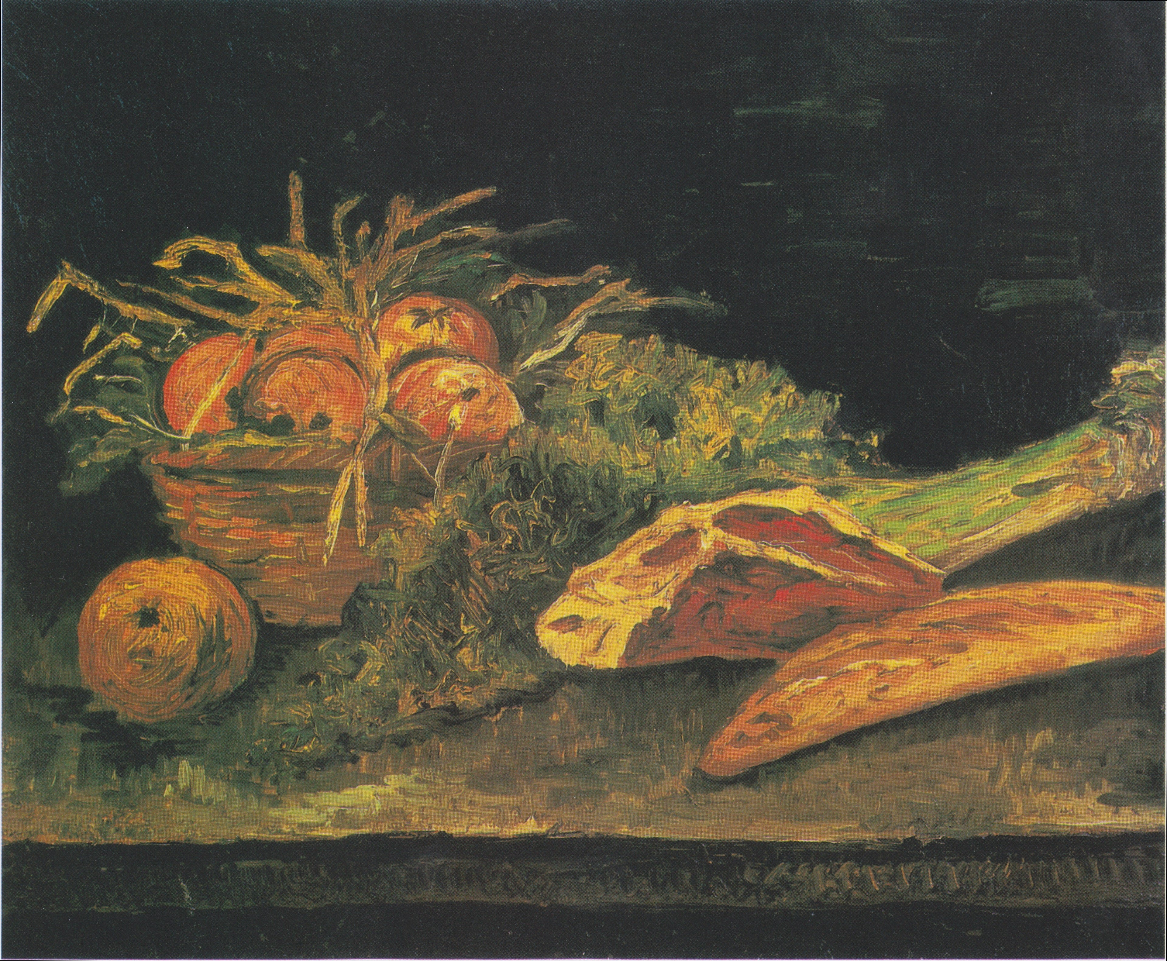 Reproduction du tableau « Nature morte avec panier de pommes, viande et petits pains - Vincent van Gogh » par Alpha Reproduction en peinture à l’huile
