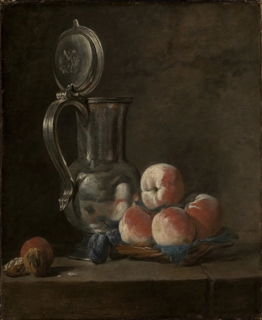 Çelenkli ve şeftaliyle teneke kutu ile natürmort - Jean Simeón Chardin